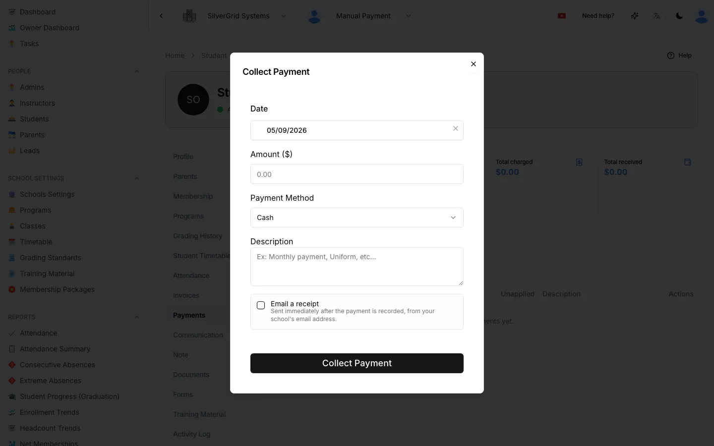 Collect Payment dialog with Email a receipt option