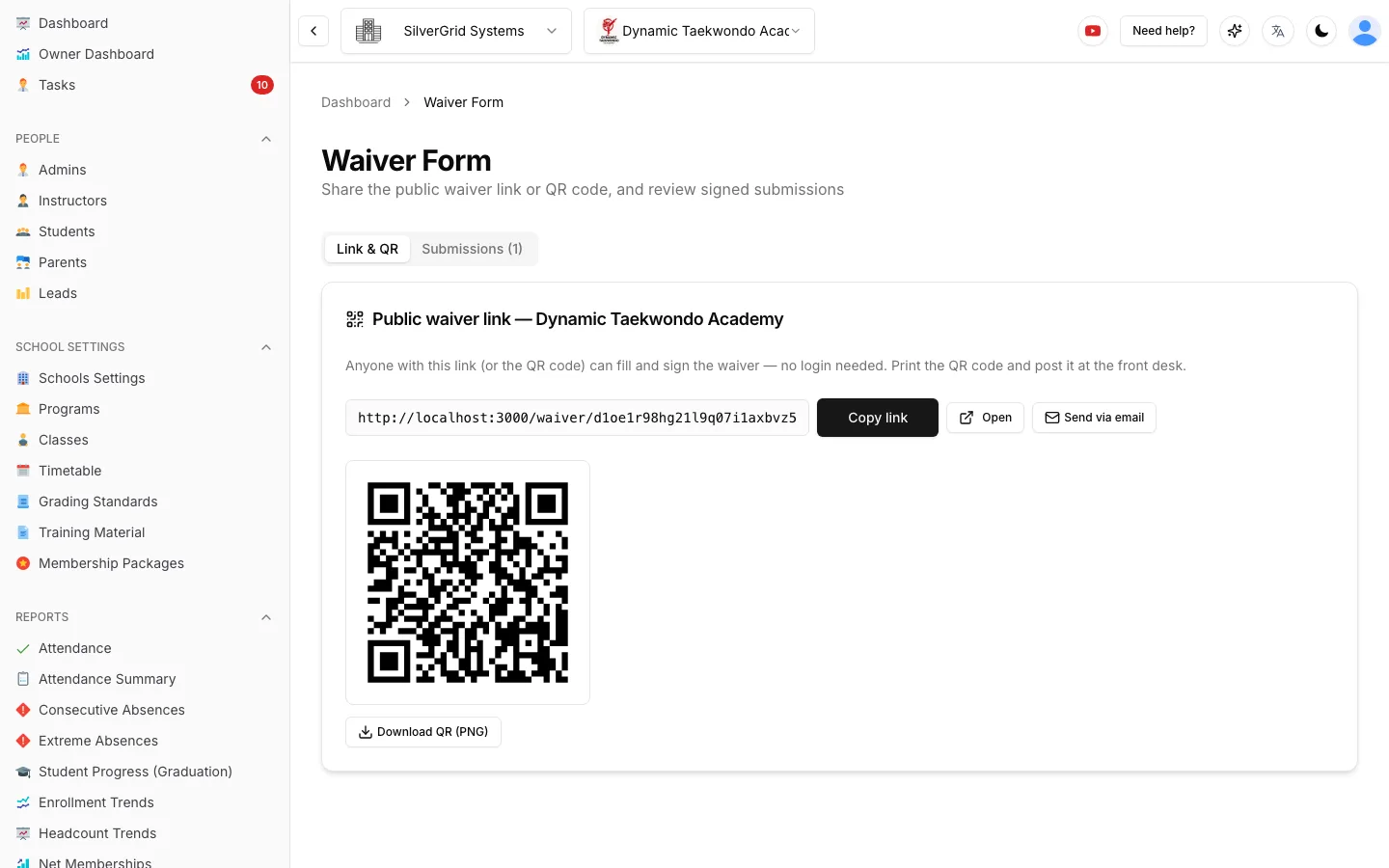 Waiver form page with public link and QR code